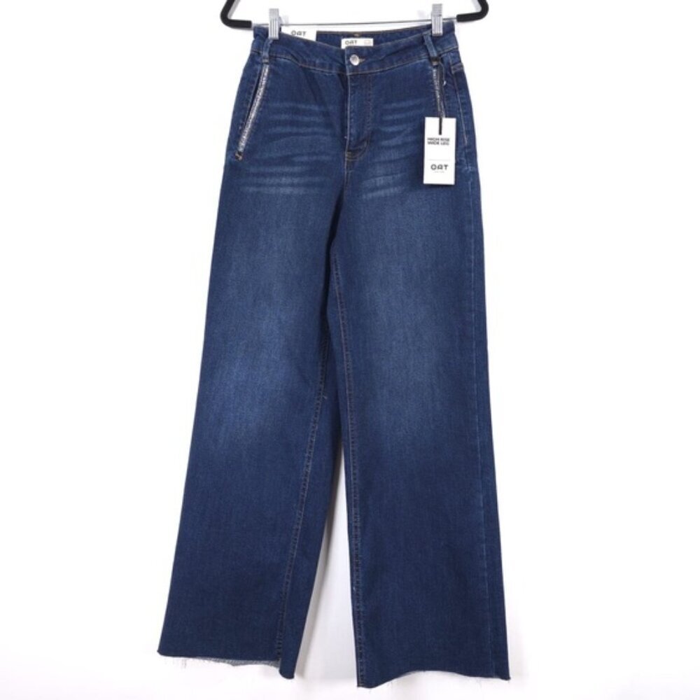NWT OAT‎ NEW YORK High Rise Wide Leg Rhinestone Pocket Detail Raw Hem Jeans